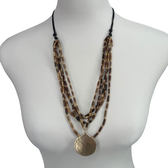 J. Jill Layered Beaded Necklace Hammered Gold Tone Pendant Cord Adjustable - Picture 3 of 15